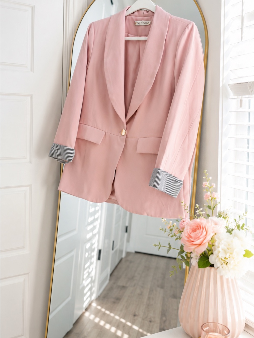 Blush Pink Blazer Striped Cuffs Gold Button Size Small